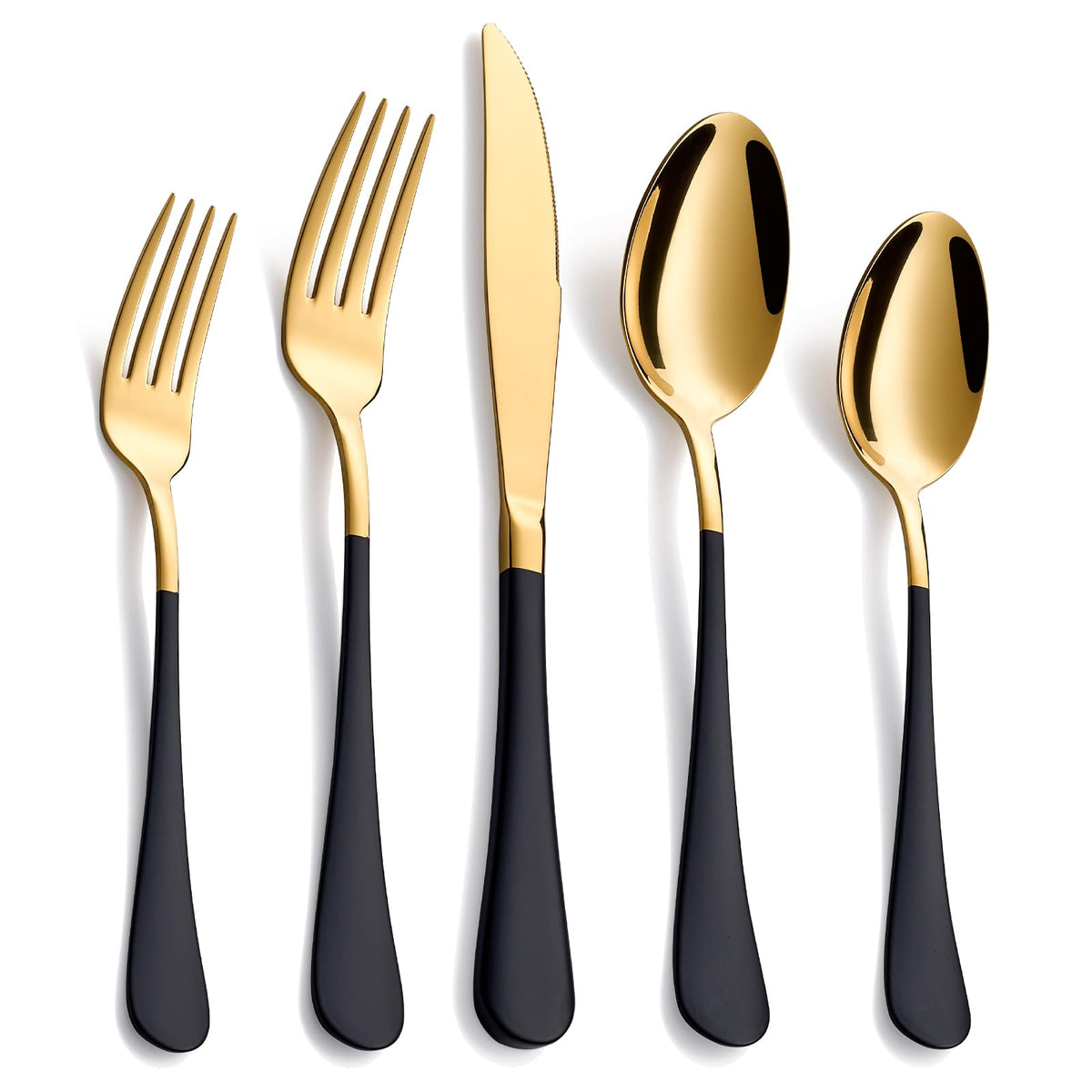 Conjunto de cubiertos Moxinox 20 piezas negro dorado, acabado espejo para mesa elegante.