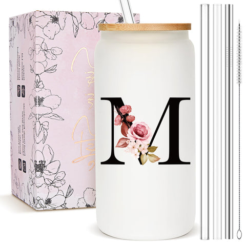 Vaso mozaba monograma de borosilicato con tapa de bambú, ideal regalo personalizado y duradero.