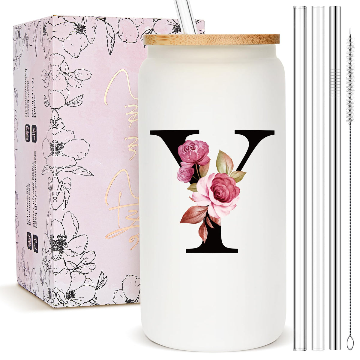 Mozaba tumbler monograma floral en cristal, diseño elegante para regalar y sorprender.