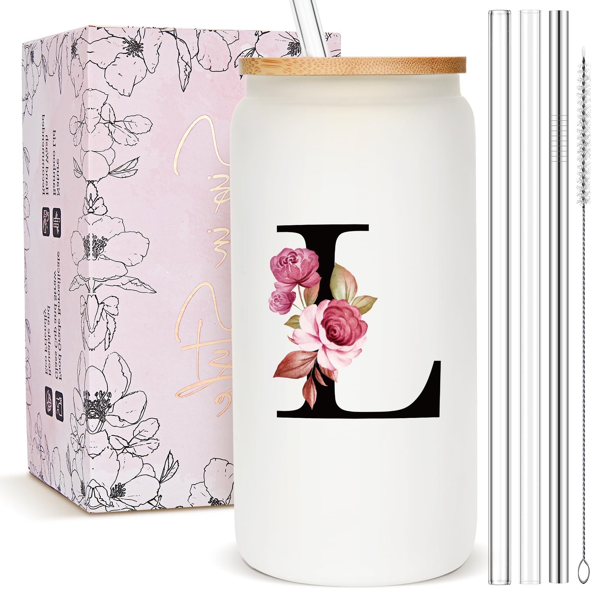 mozaba tumbler de vidrio mate con monograma floral, diseño único para regalo
