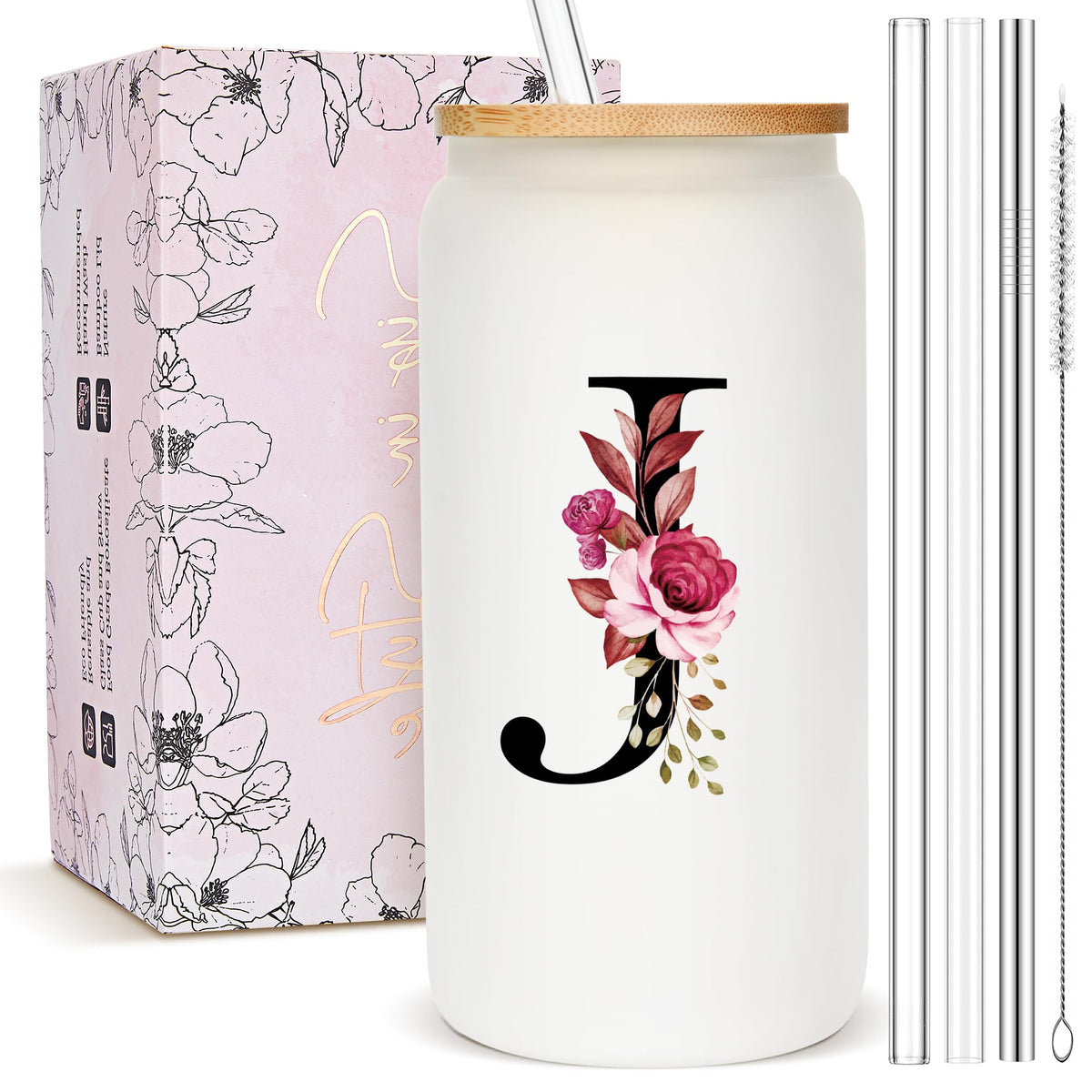 Vaso Mozaba con iniciales florales, regalo elegante para mujer.