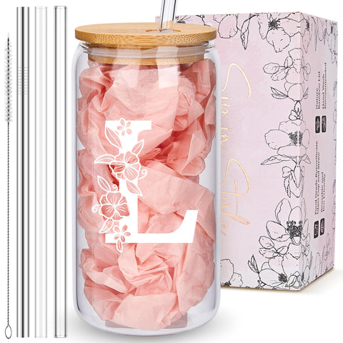 mozaba vaso monograma con tapa de bambú, regalo personalizado y ecológico