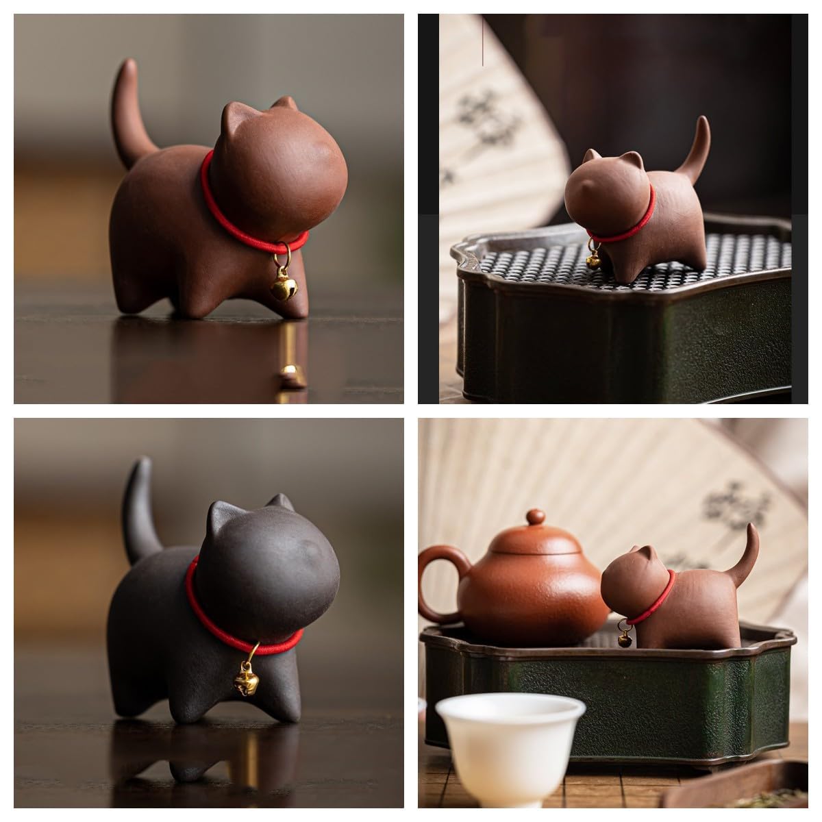 MOZEO Mascota de té gato púrpura, muestra textura artesanal para colección.
