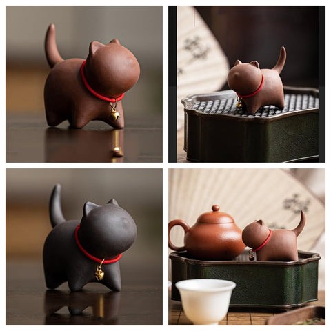 MOZEO Mascota de té gato púrpura, muestra textura artesanal para colección.