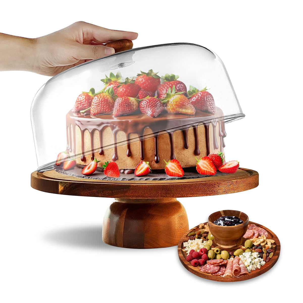 Mozphae soporte para pasteles Acacia con domo acrílico para exhibir postres