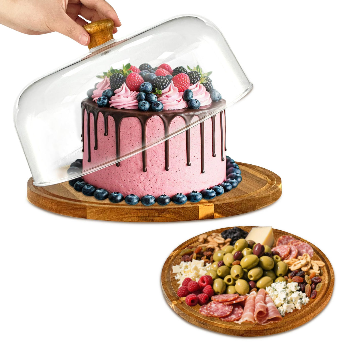 Mozphae porta-torta de madera con domo acrílico para presentación elegante.