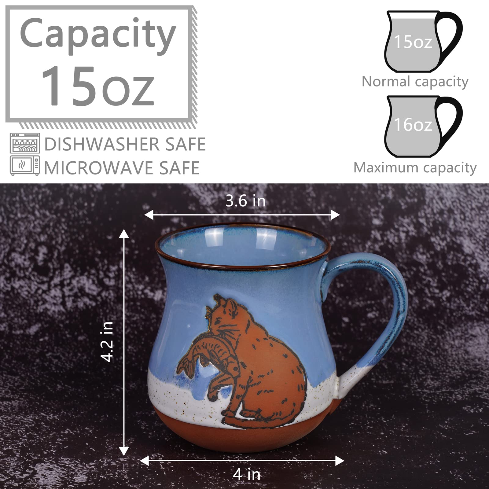 MPotTo taza gato tallado y pez, detalle artesanal para amantes de gatos.