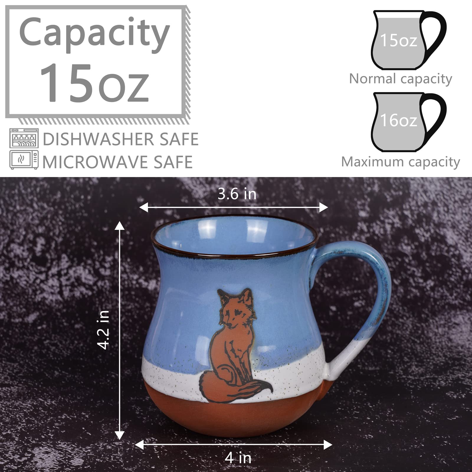 MPotTo taza zorro detalle tallado, cerámica azul, perfecta para té o café.