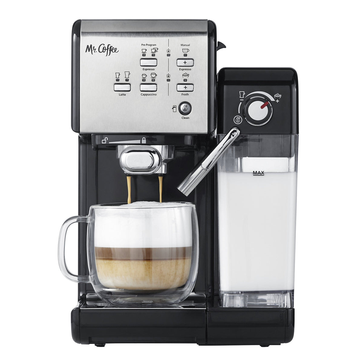 Mr. Coffee: máquina espresso cappuccino programable, vista frontal, ideal para uso diario.