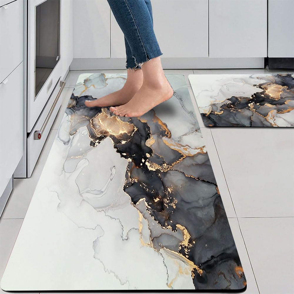 Alfombra Mrcrypos marmol negro dorado para cocina, confort al estar de pie.