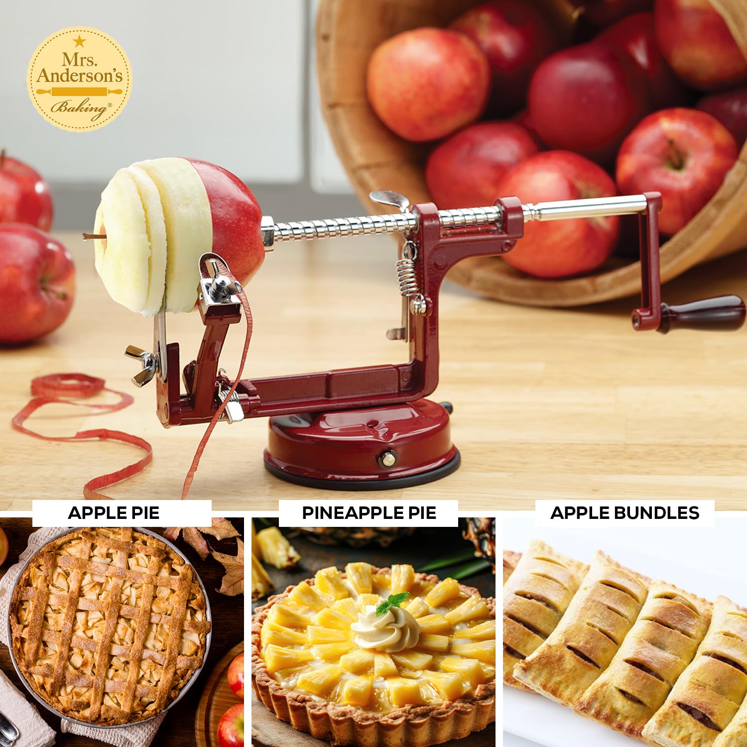Mrs. Anderson's Baking peladora de manzanas con acción triple para pelar, descoronar y cortar