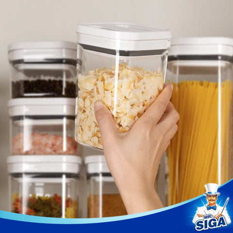 MR.SIGA cuerpo transparente facilita identificar contenidos rápidamente en la despensa.