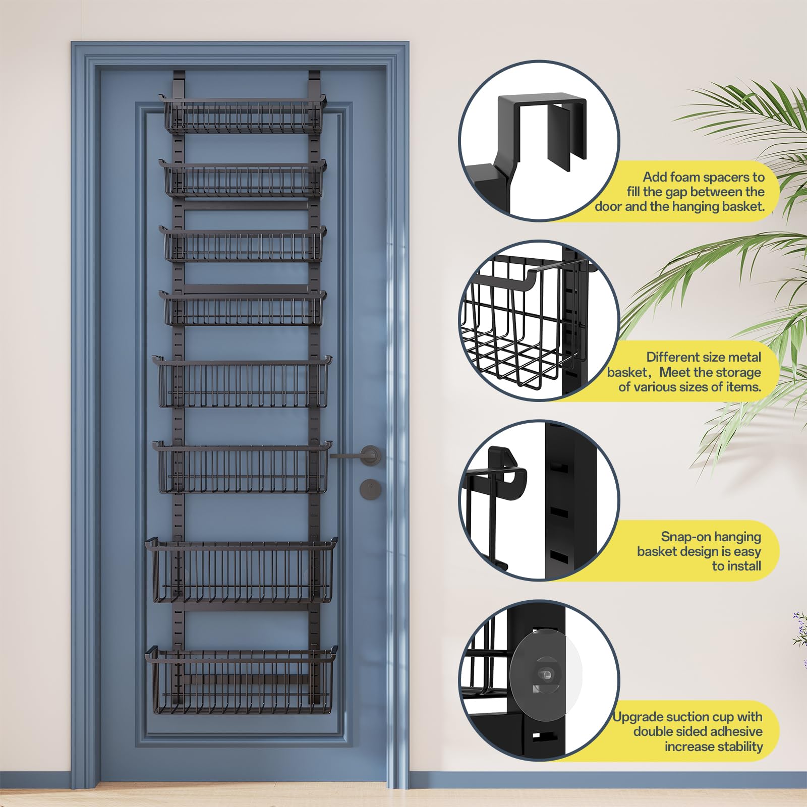 MSERCUOR Organizador despensa puerta con 8 cestas ajustables para maximizar espacio.