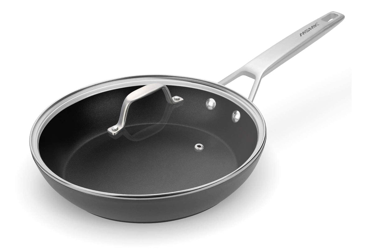 MsMk sartén 10 pulgadas con tapa en estufa, cocción consistente.
