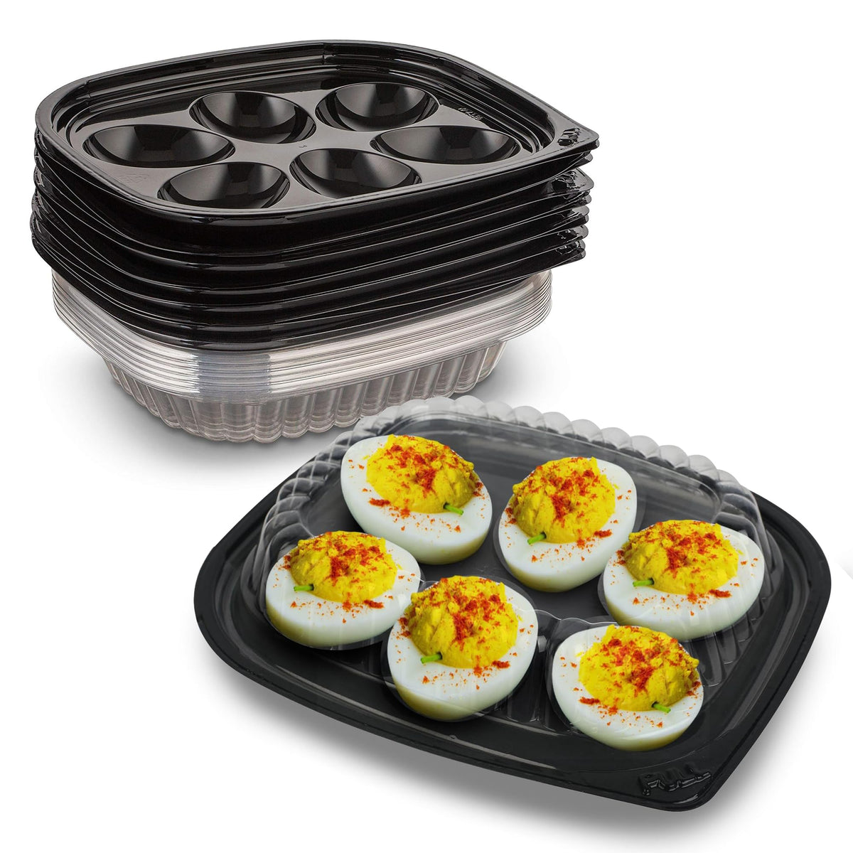 MT Products contenedores claros para huevos rellenos, ideal para porciones limpias.