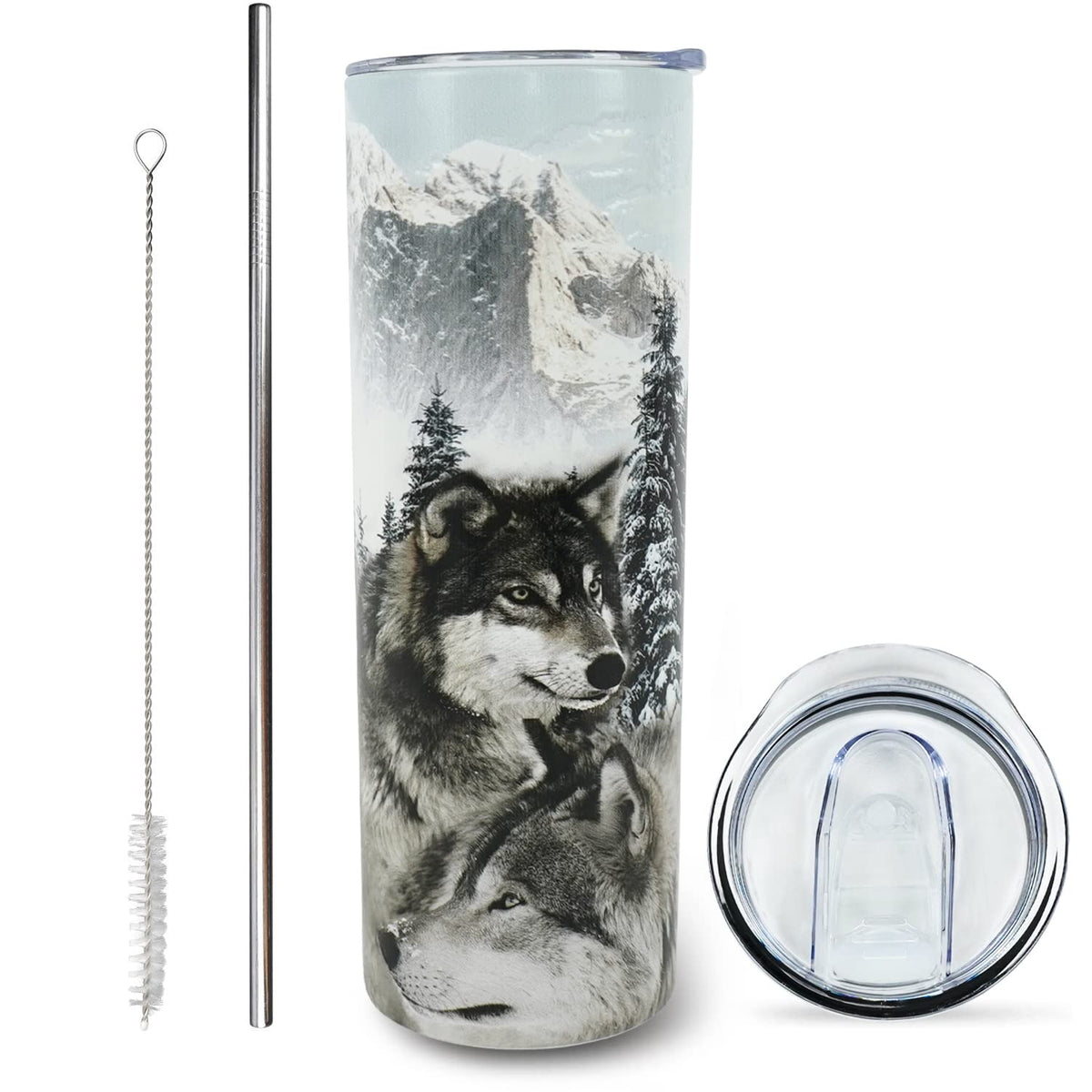 Muanns Wolf Tumbler con tapa y pajilla, ideal para café caliente o bebidas frías durante el viaje