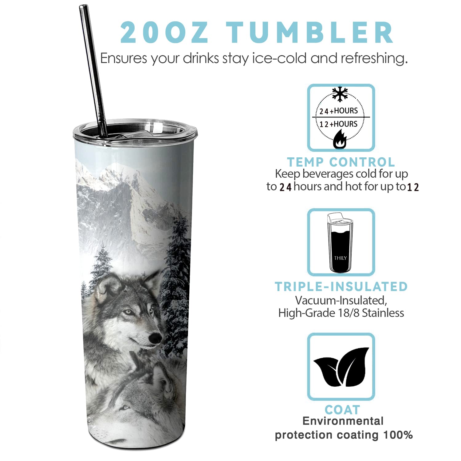 Muanns Wolf Tumbler con tapa transparente para ver la cantidad de bebida