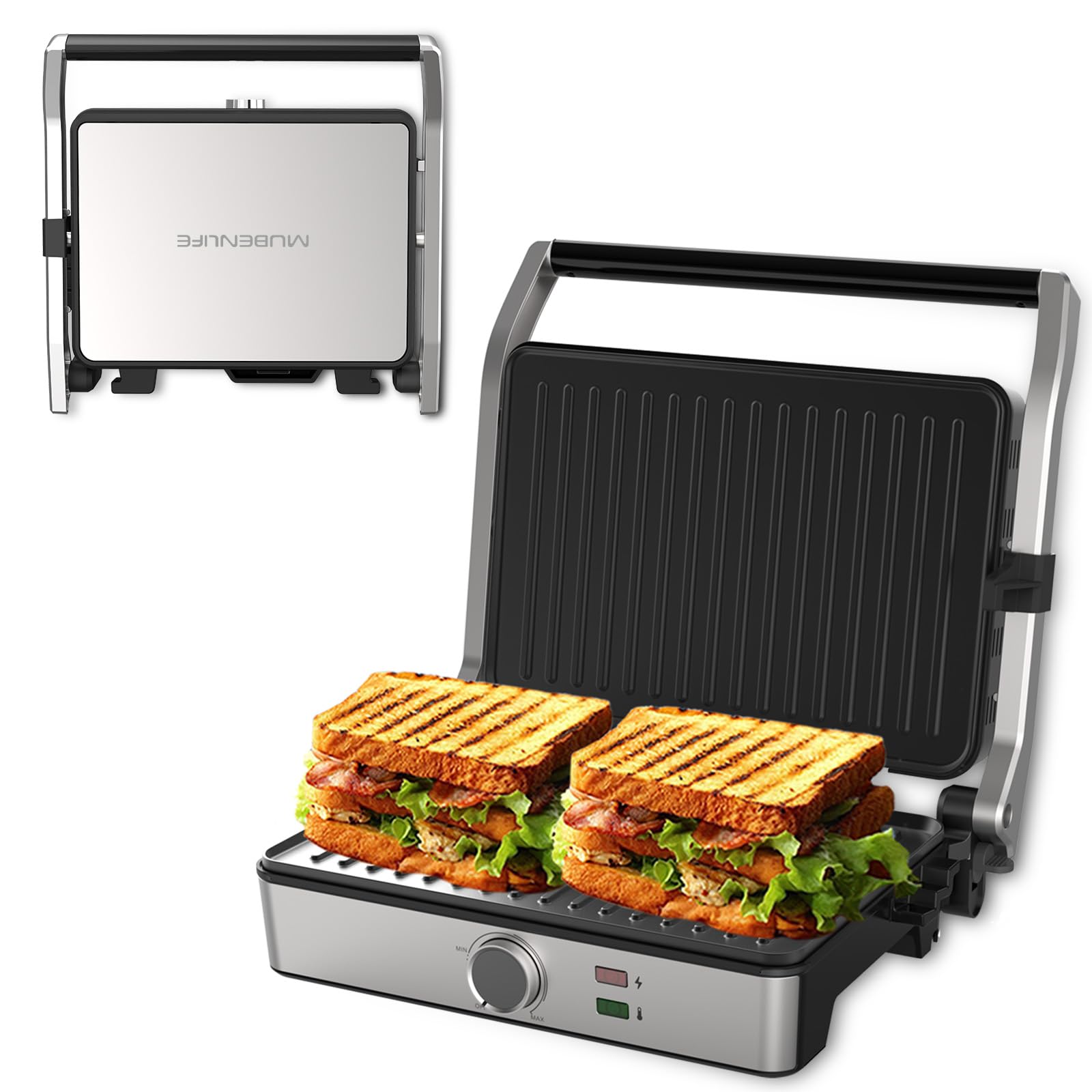MUBENLIFE Panini Press: plato de grill antiadherente para cocción uniforme.