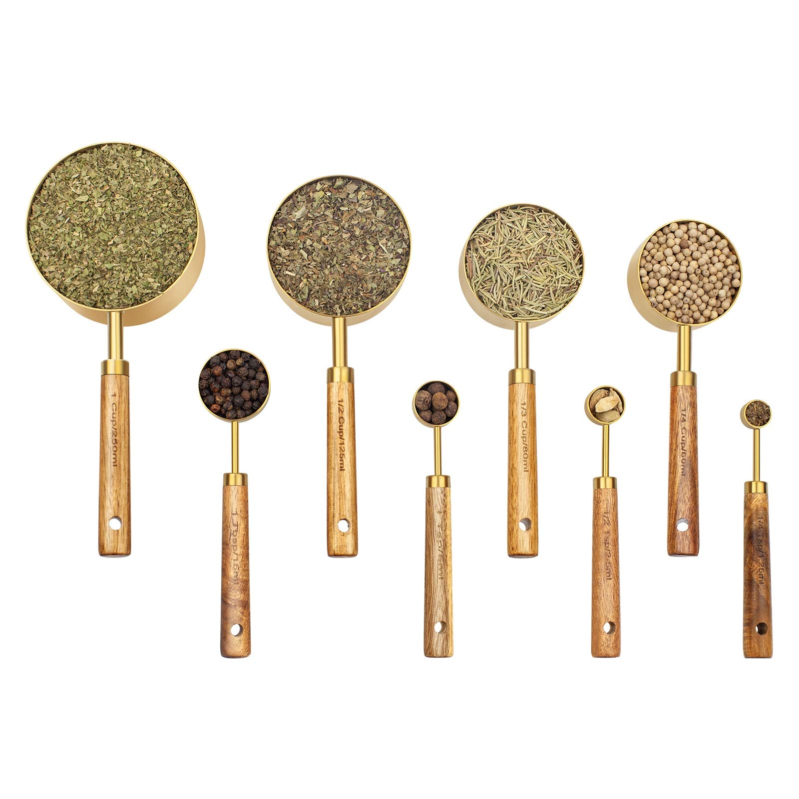 Muchtolove Conjunto 8 tazas medición oro mango madera, precisión para hornear y cocinar.