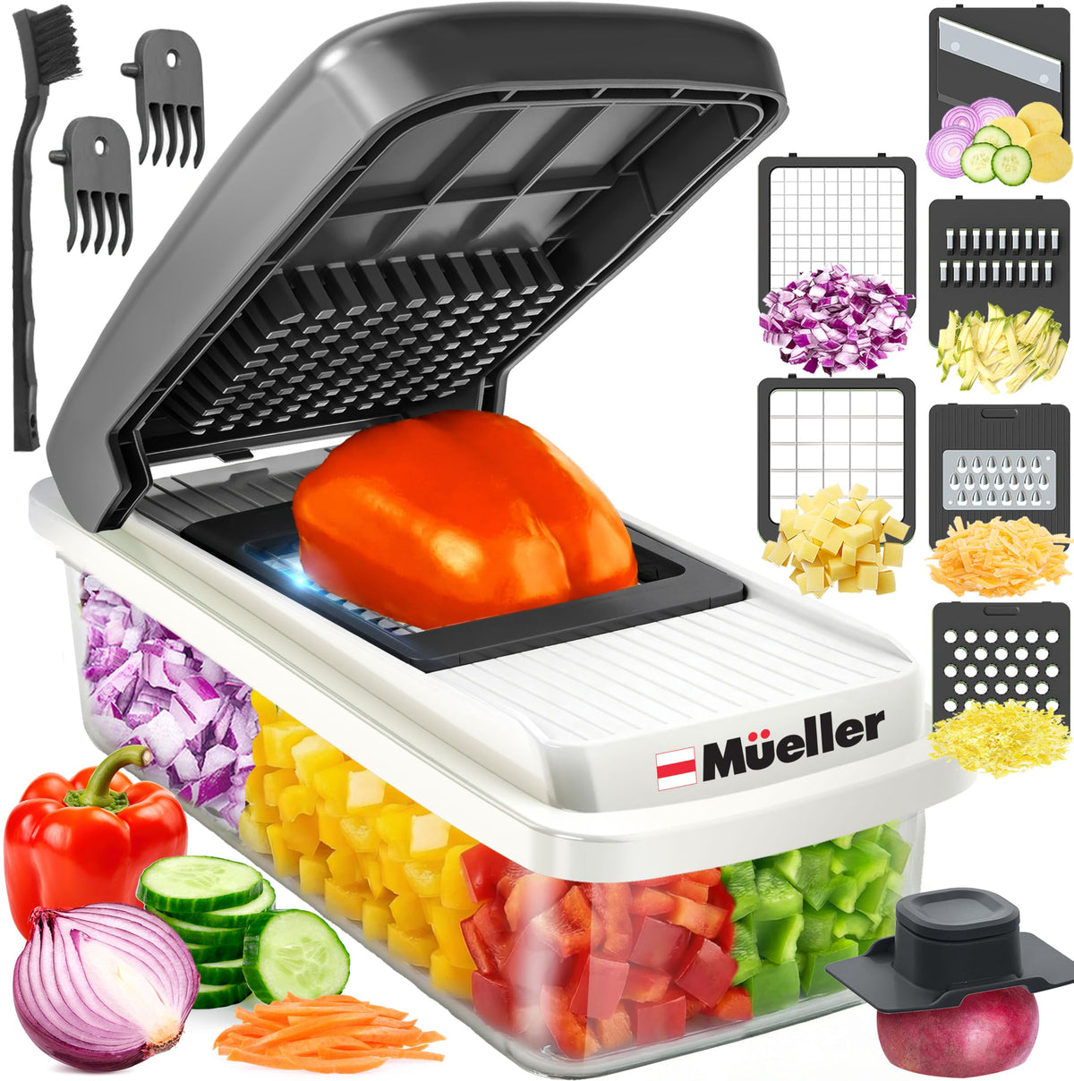 Mueller cortador-mandolina para vegetales en primer plano, rebanado rápido y preciso.