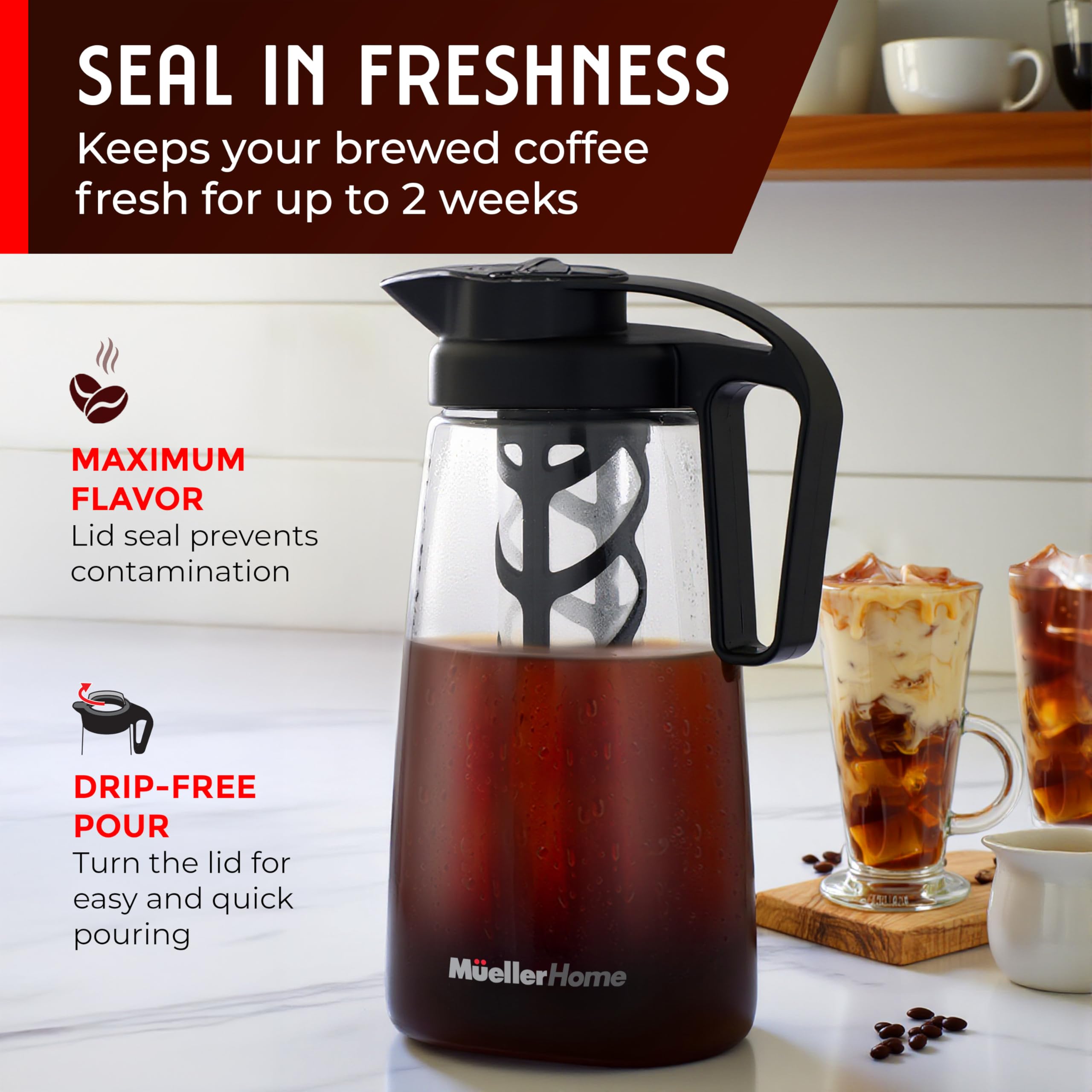 MUELLER HOME cafetera infusión fría con filtro de acero inoxidable para infusiones limpias