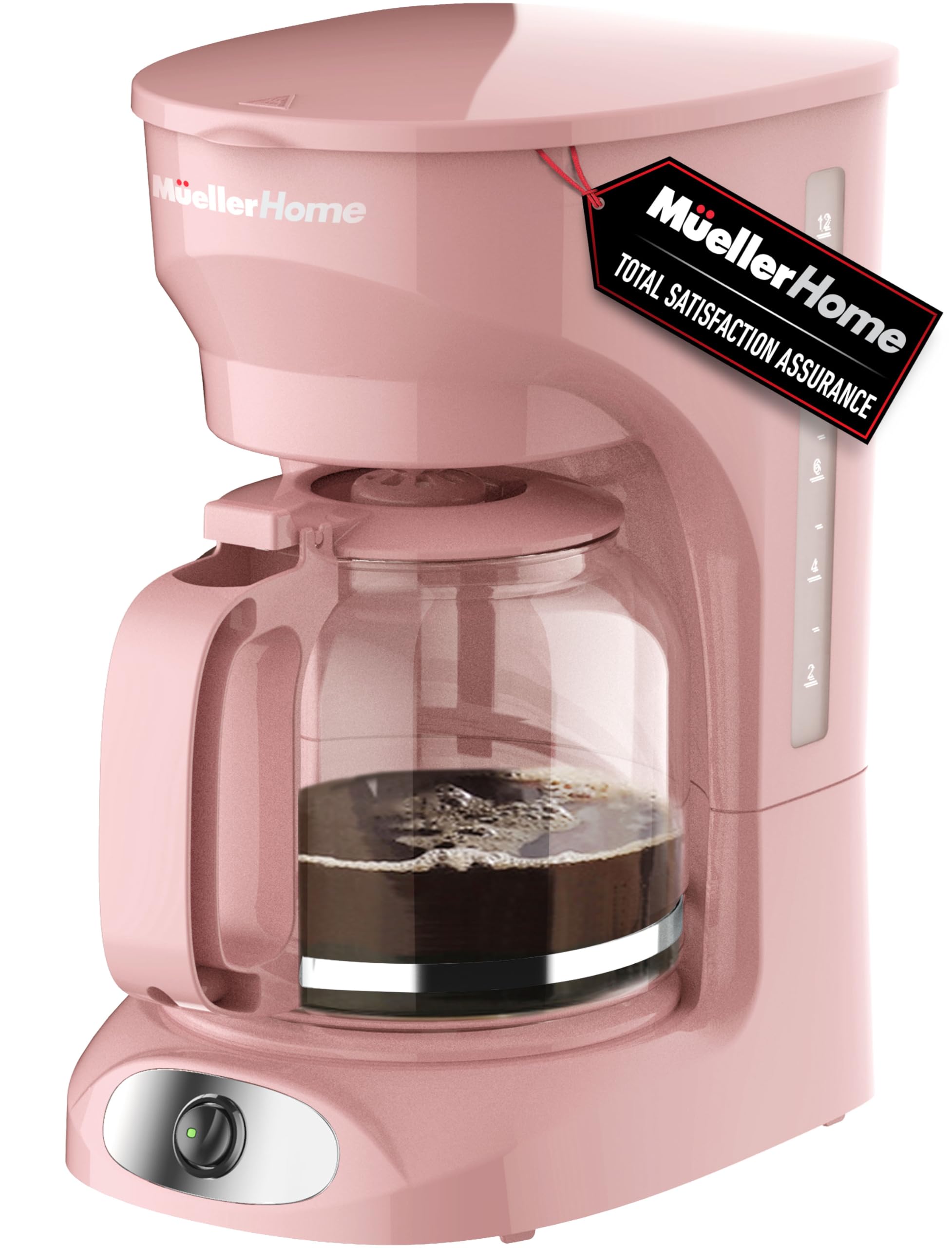 MUELLER HOME cafetera rosada con capacidad para 12 tazas y diseño elegante.