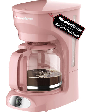 MUELLER HOME cafetera rosada con capacidad para 12 tazas y diseño elegante.