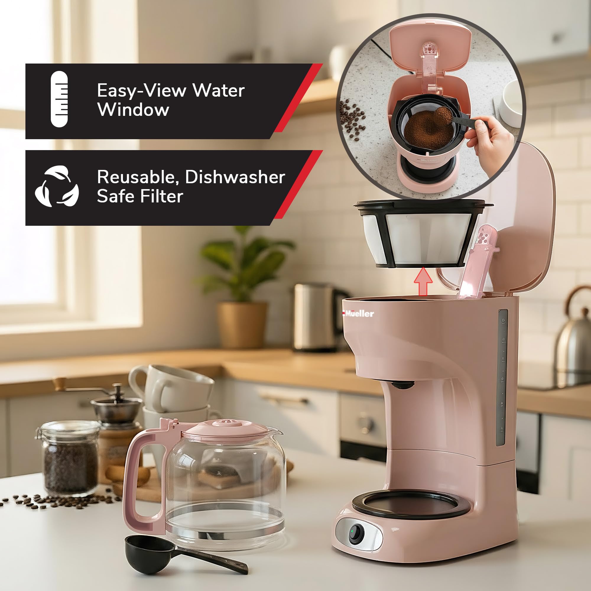 MUELLER HOME diseño anti-goteo y base estable para verter con seguridad.