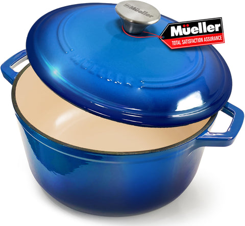 Mueller Home olla de hierro esmaltada 6qt azul, vista frontal, ideal para hervir y sellar sabores.