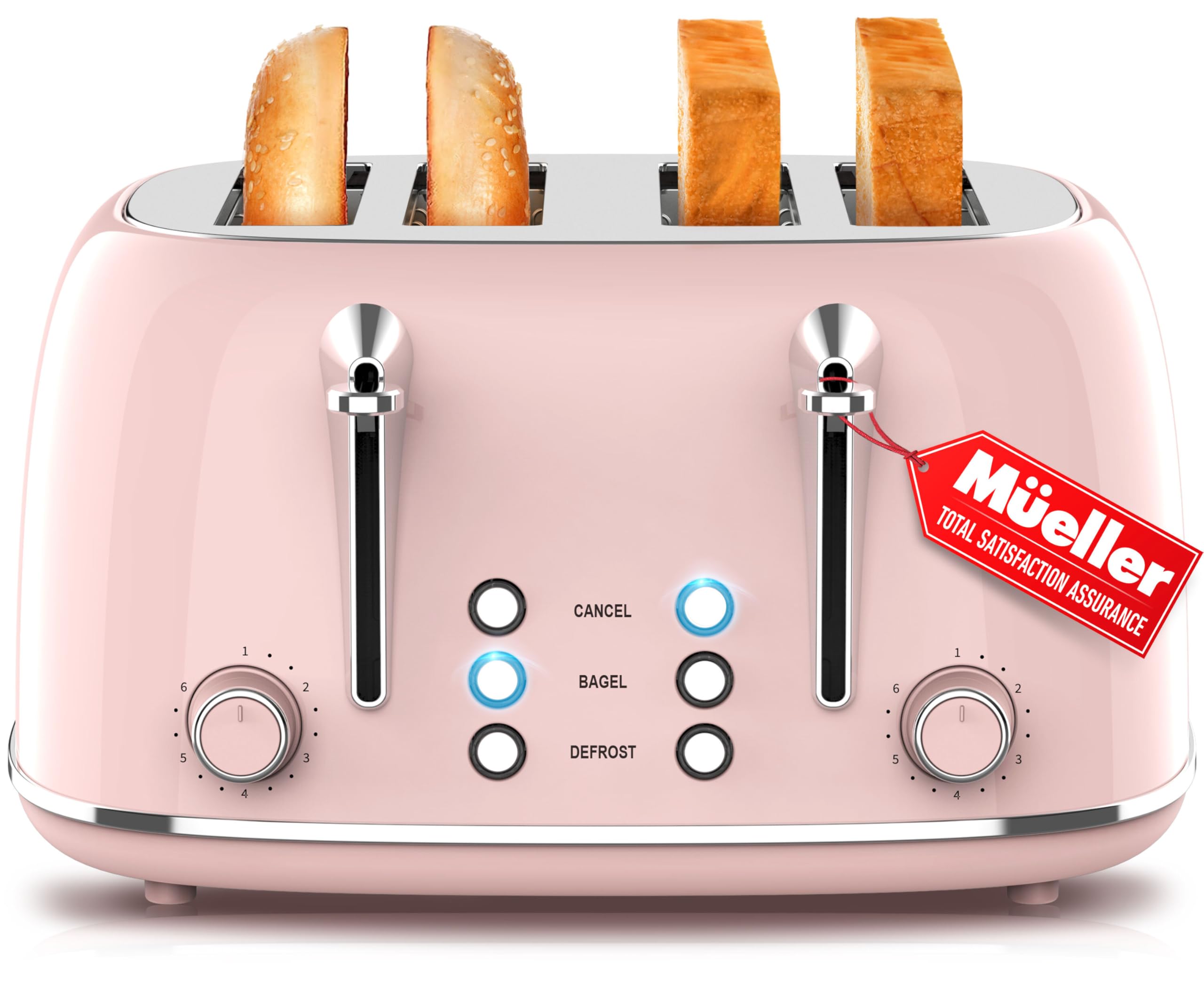 Mueller Home Tostadora Retro 4 Rebanadas con ranuras anchas para pan grande.