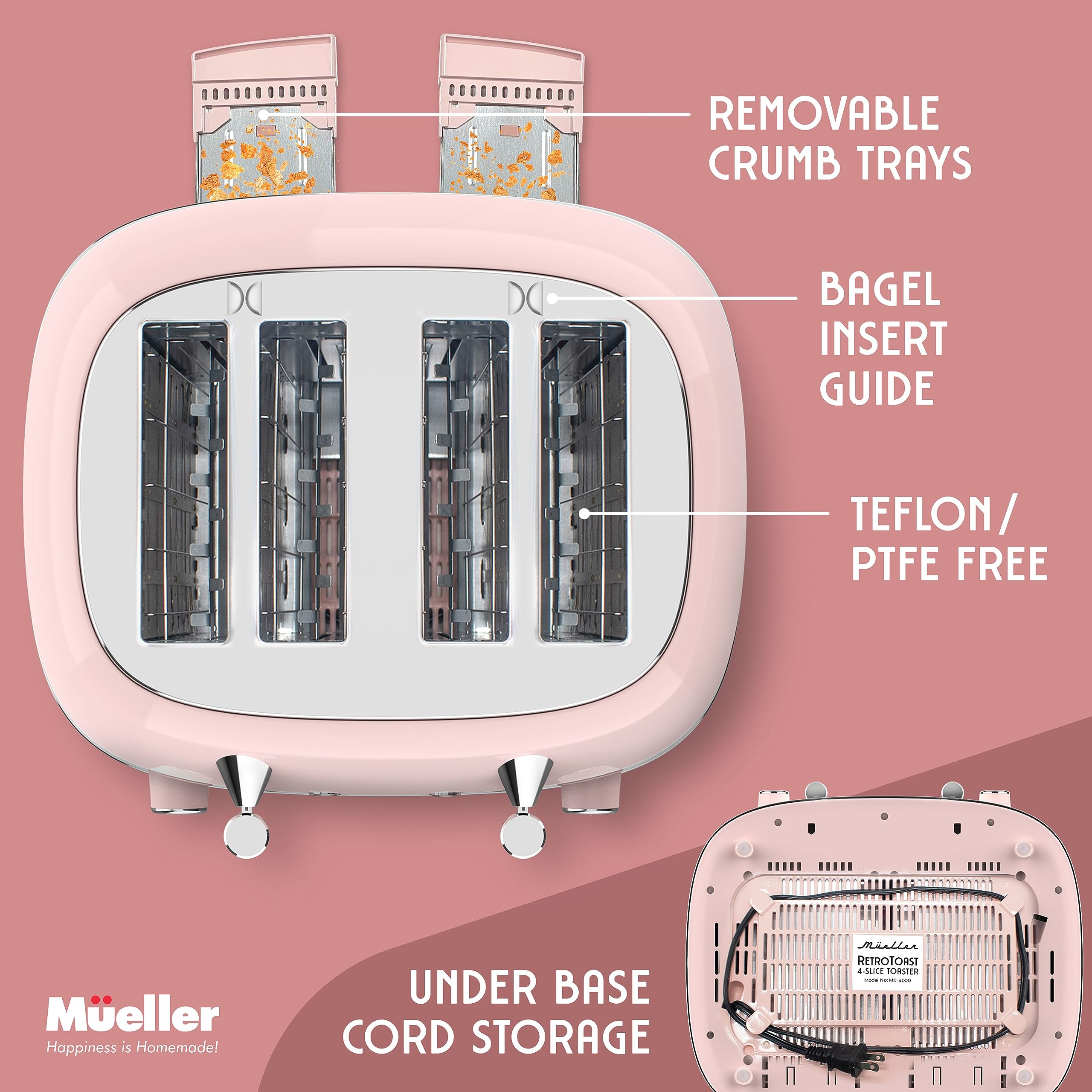 Mueller Home Tostadora Retro color rosa añade estilo vintage a la cocina.