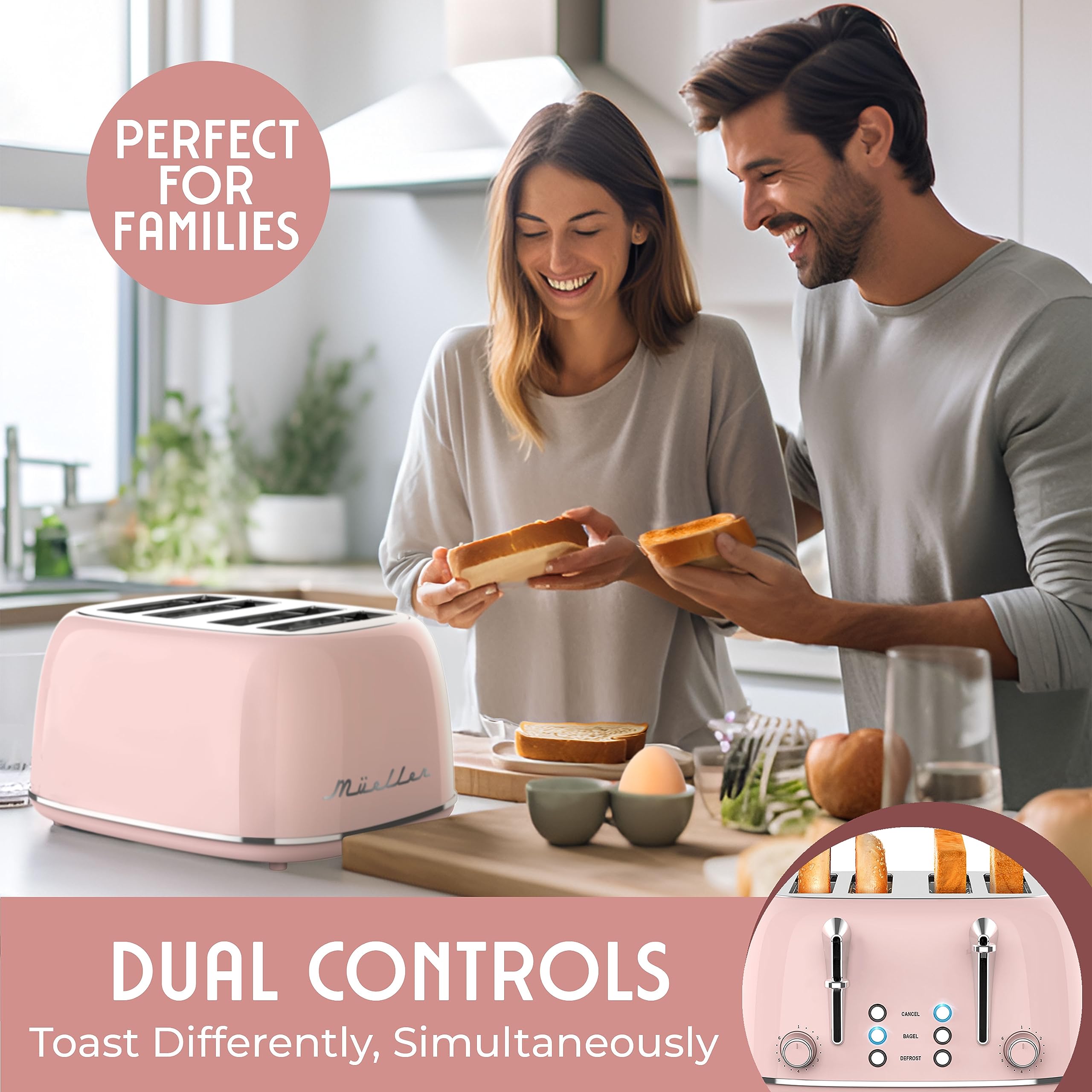 Mueller Home Tostadora Retro con controles independientes para preferencias distintas.