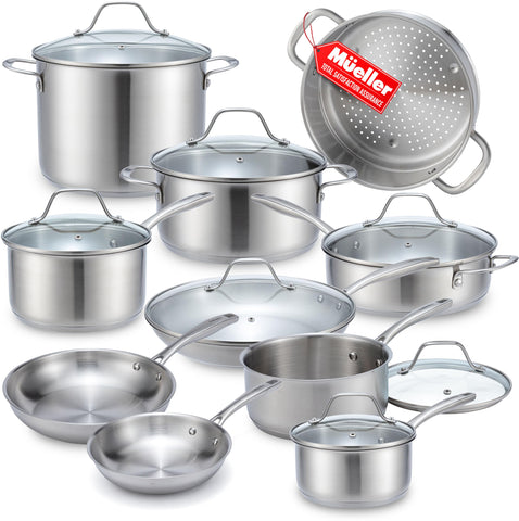 Mueller juego-cazuelas-17-piezas: vista completa del conjunto para cocinar en casa