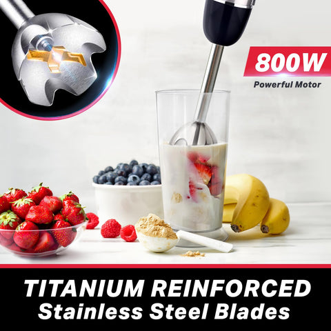 Mueller Multistick 800W: cuchillas de titanio para mezclas homogéneas.
