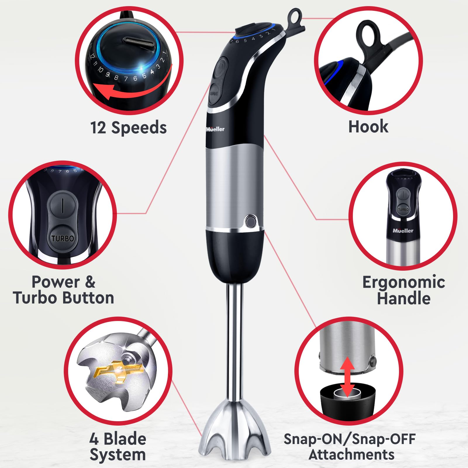 Mueller Multistick 800W con turbo para mezcla rápida y eficiente.