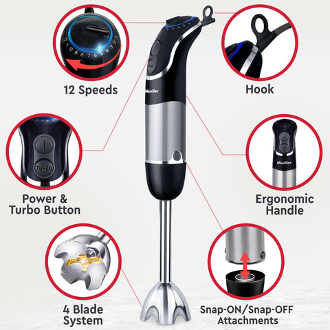 Mueller Multistick 800W con turbo para mezcla rápida y eficiente.