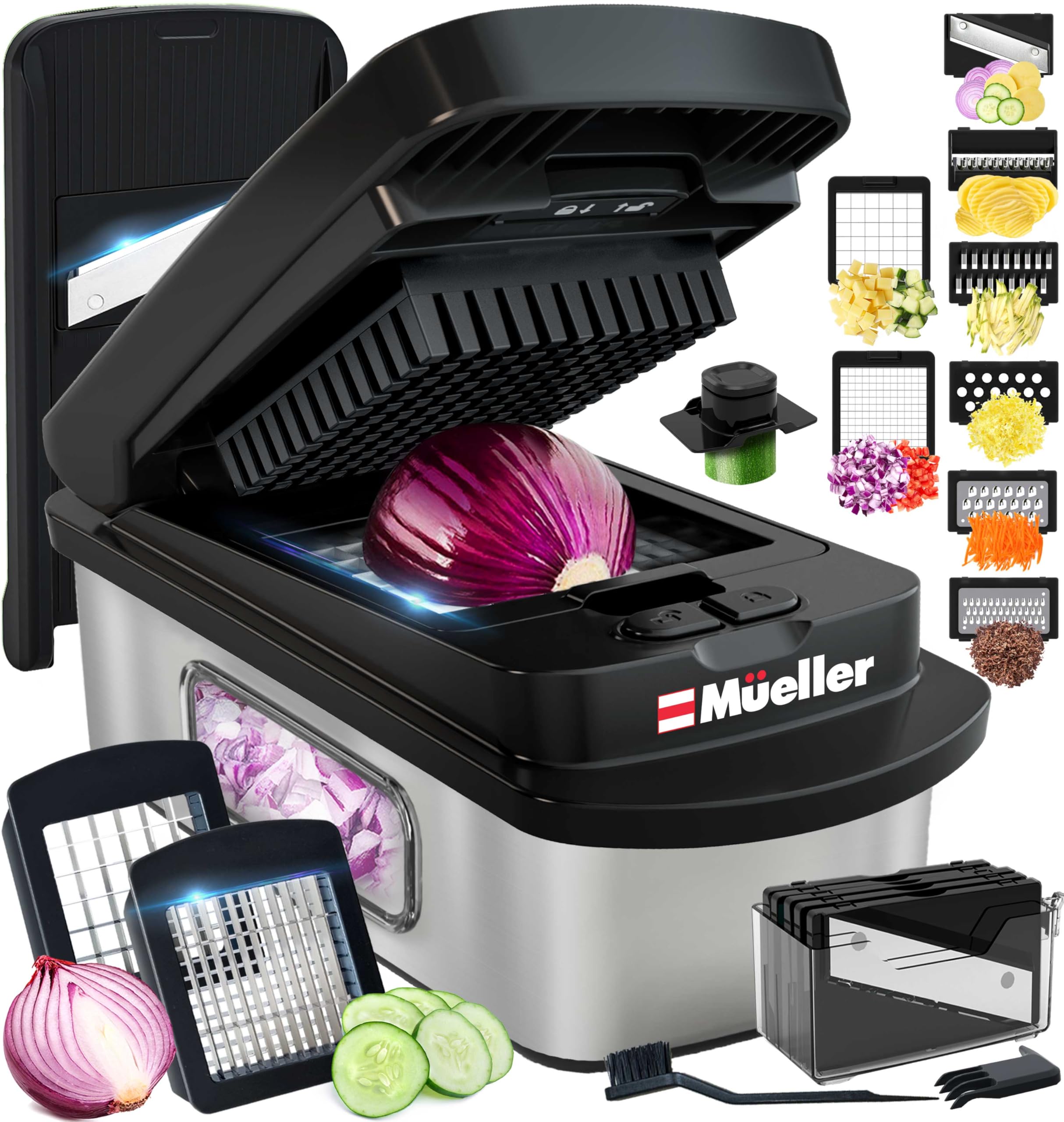 Mueller Pro-Series cortador multi-verduras 10 en 1, vista frontal para rapidez.