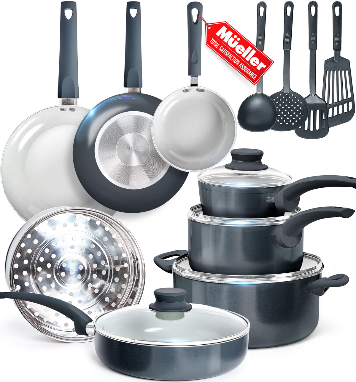 Conjunto Mueller 16 piezas en cerámica antiadherente para cocina diaria.