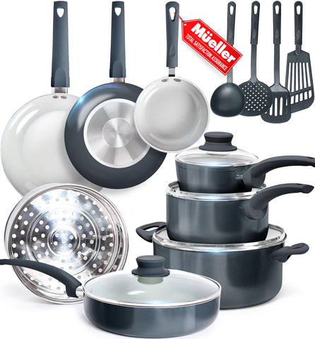 Conjunto Mueller 16 piezas en cerámica antiadherente para cocina diaria.