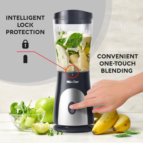Mueller Smoothie Blender con diseño compacto cabiendo en la encimera.