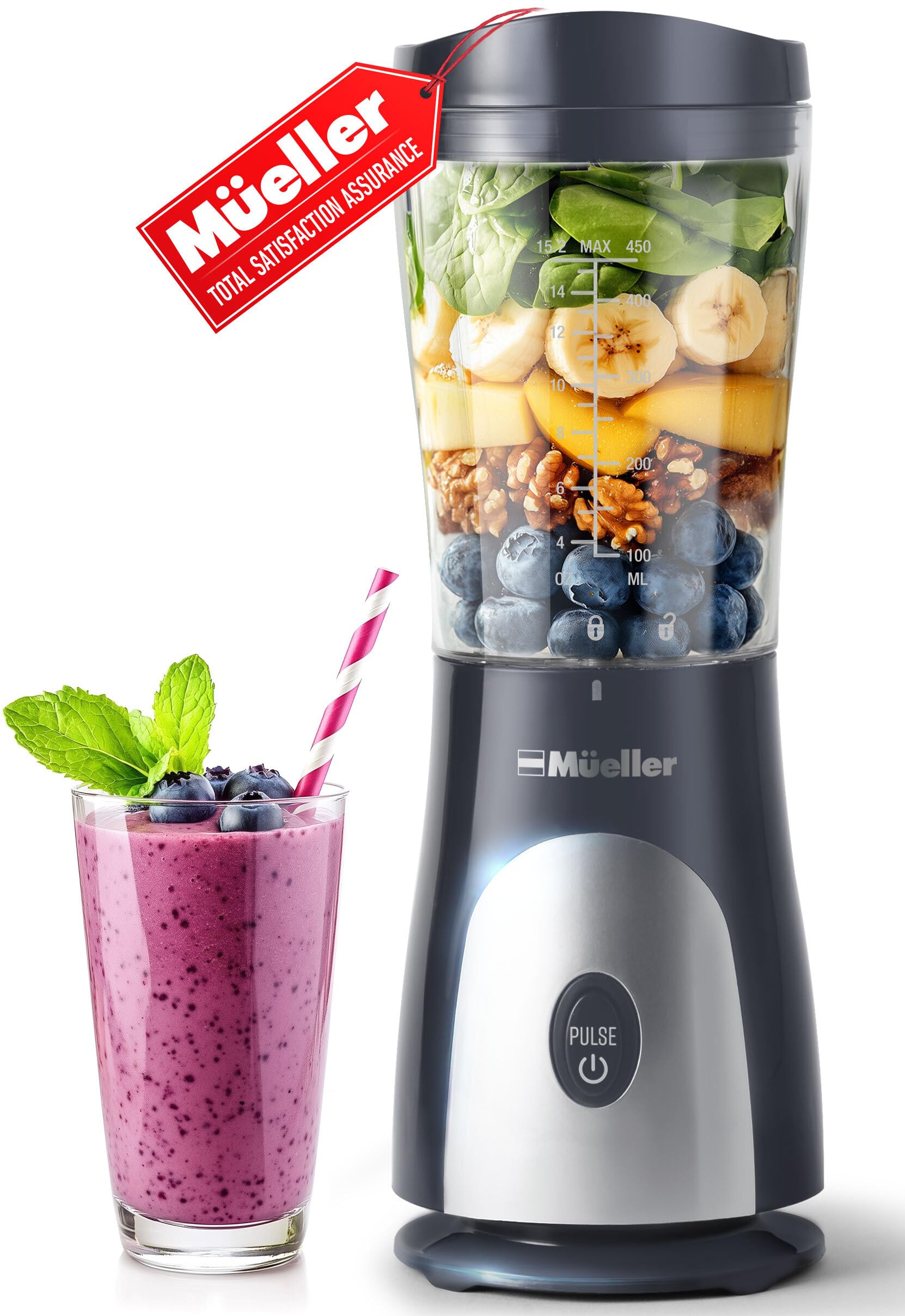 Mueller Smoothie Blender con jarra portátil para llevar batidos.