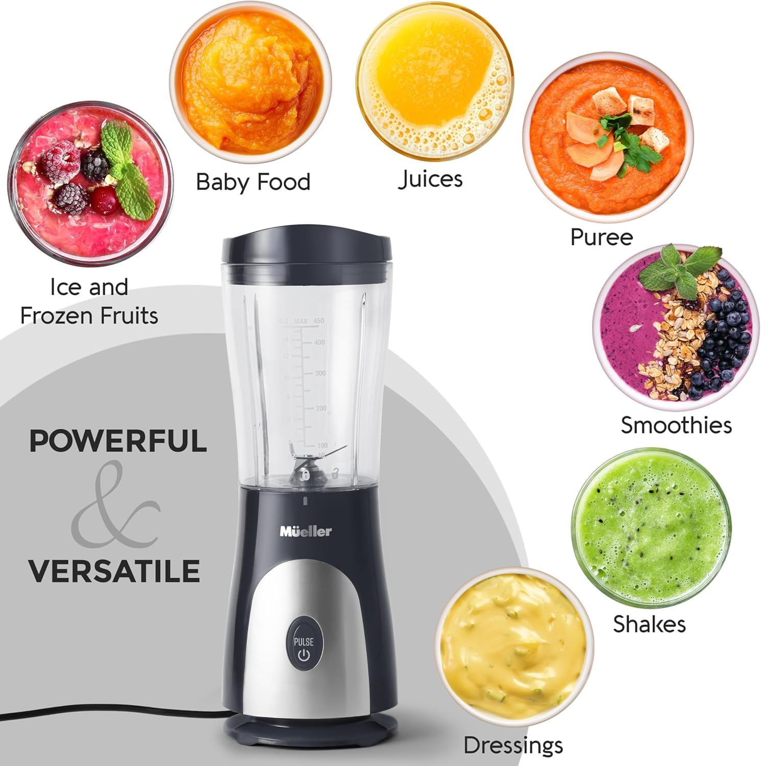 Mueller Smoothie Blender funcionando con un solo toque para diversas preparaciones.