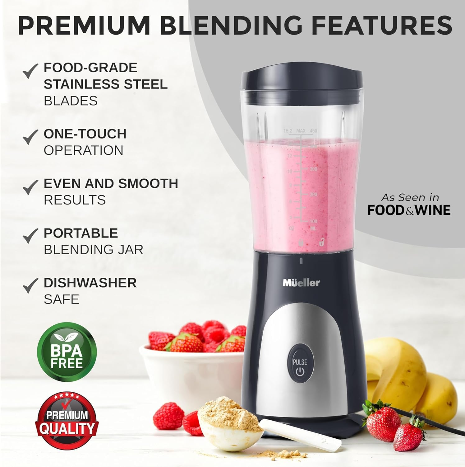 Mueller Smoothie Blender con tapa de viaje para bebidas sin derrames.