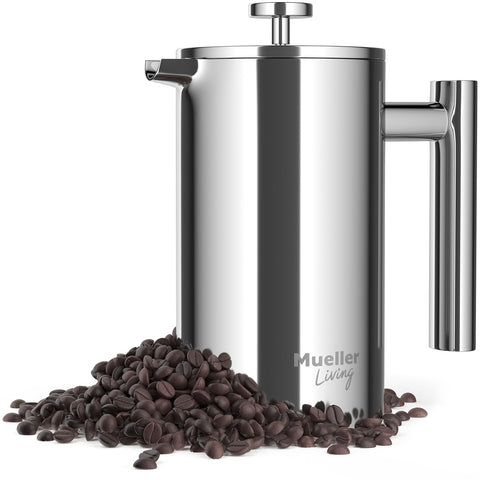 MuellerLiving Prensa Francesa 20oz en acero inoxidable con doble pared mantiene el café caliente.