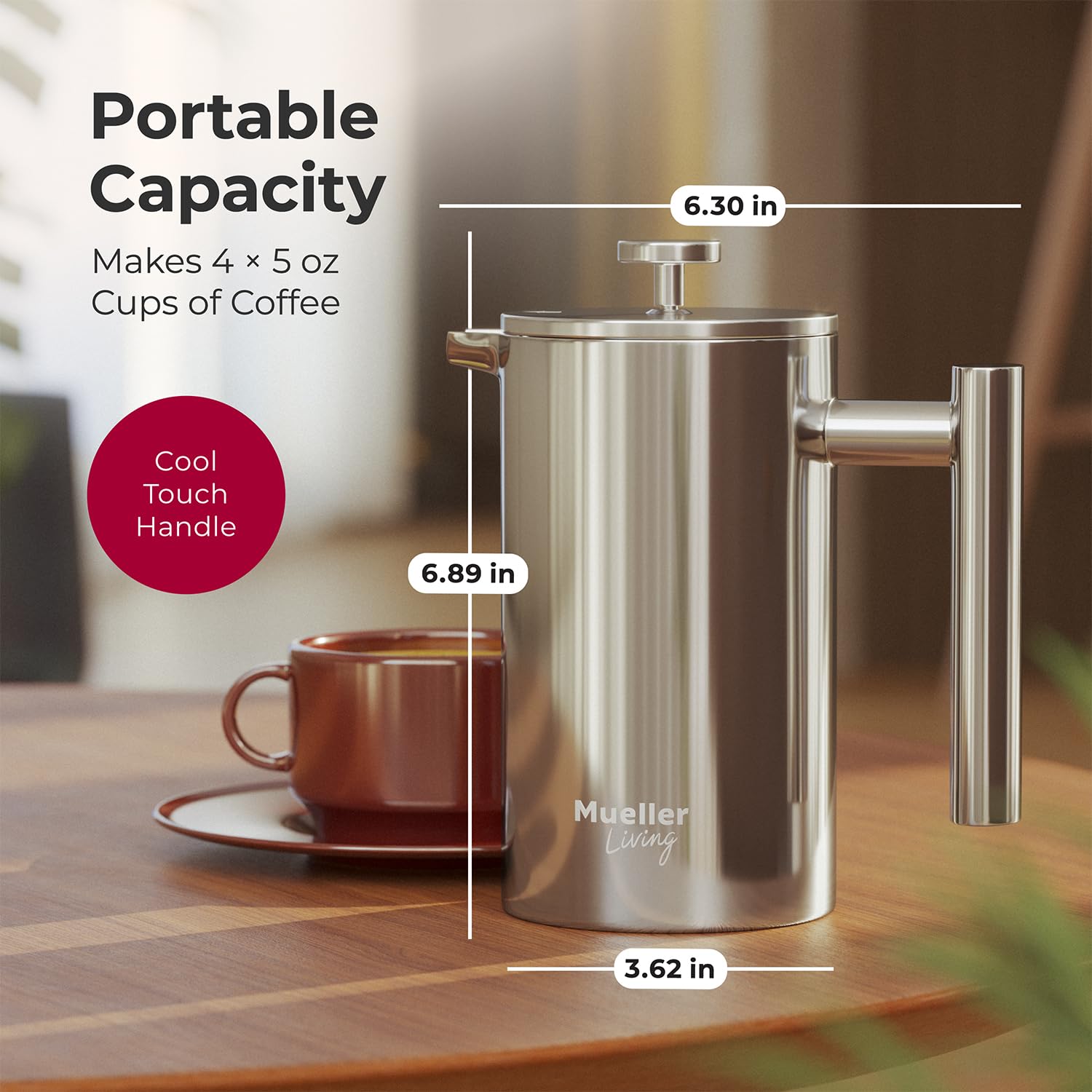 Filtro de cuatro niveles en MuellerLiving 20oz reduce sedimentos para un café limpio.