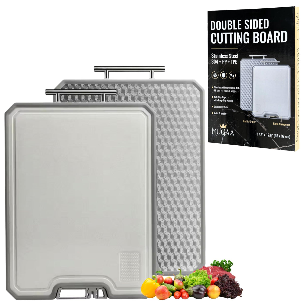 MUGAA tabla de cortar de acero inoxidable, doble cara, superficie higienica para cocina diaria.