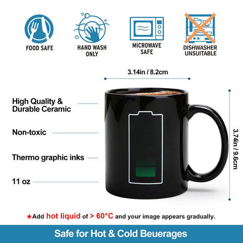 MUGKISS taza batería cargando indica nivel y energía para empezar el día.
