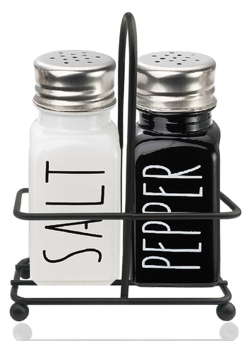 MuieorVue sal y pimienta en cristal negro y blanco con tapa inox, práctico para mesa.