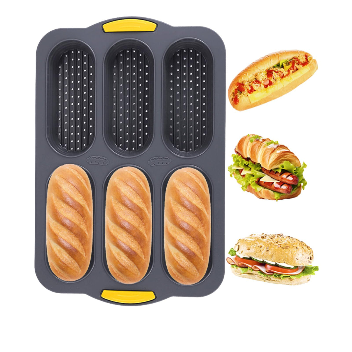 MUJUZE molde silicona para pan de perro caliente 6 cavidades facilita desmoldeo y horneado uniforme.