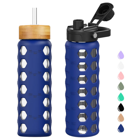 Botella Mukoko de vidrio 24 oz con dos tapas, ideal para hidratación diaria.